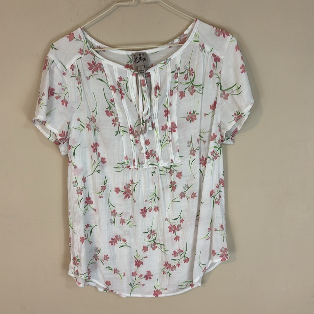 Como Vintage White Floral Peasant Top with Tucks and Tie Neck Size XL